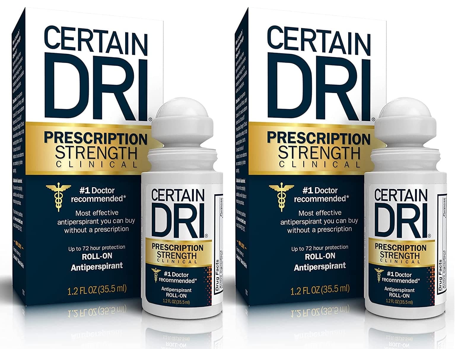 Certain Dri Prescription Strength Clinical Antiperspirant Roll-On Deodorant, Hyperhidrosis Treatment for Men & Women, Unscented, 1.2 Fl oz, 2 Pack