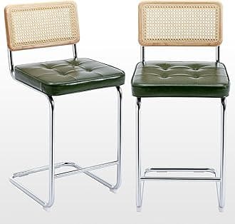 Natural Rattan Bar Stools Set of 2, Modern Counter Height Stools with Solid Wood Back, 26'' Counter Height Chairs, Mid Century Cantilevered Bar Chairs for Kitchen Island, Faux Leather Green