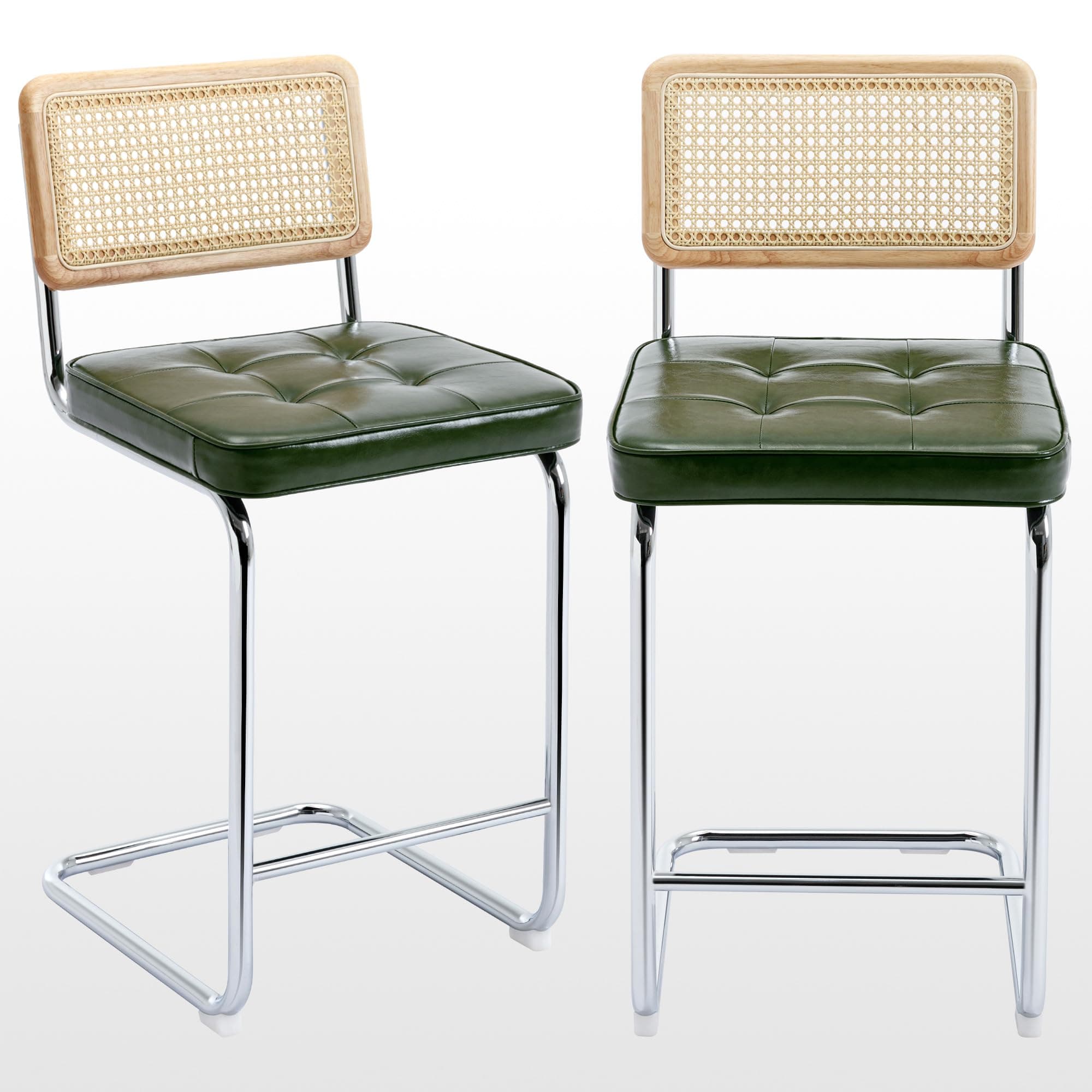 Modern Counter Height Bar Stools, 26'' Natural Rattan Barstools Set of 2, Faux Leather Kitchen Stools with Back, Mid Century Cantilevered Design Bar Chairs Island Stools, Green