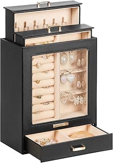 Homde Jewelry Organizer Girls Women Jewelry Box for Necklaces Rings Earrings Gift Bracelets Storage Case (Black + Gold)