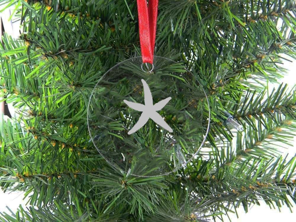 Personalized Custom Starfish Clear Acrylic Hanging Christmas Tree Ornament with Red Ribbon Perfect Holiday Gift! Contact Seller for Custom Text or Leave a Gift Message at Checkout!