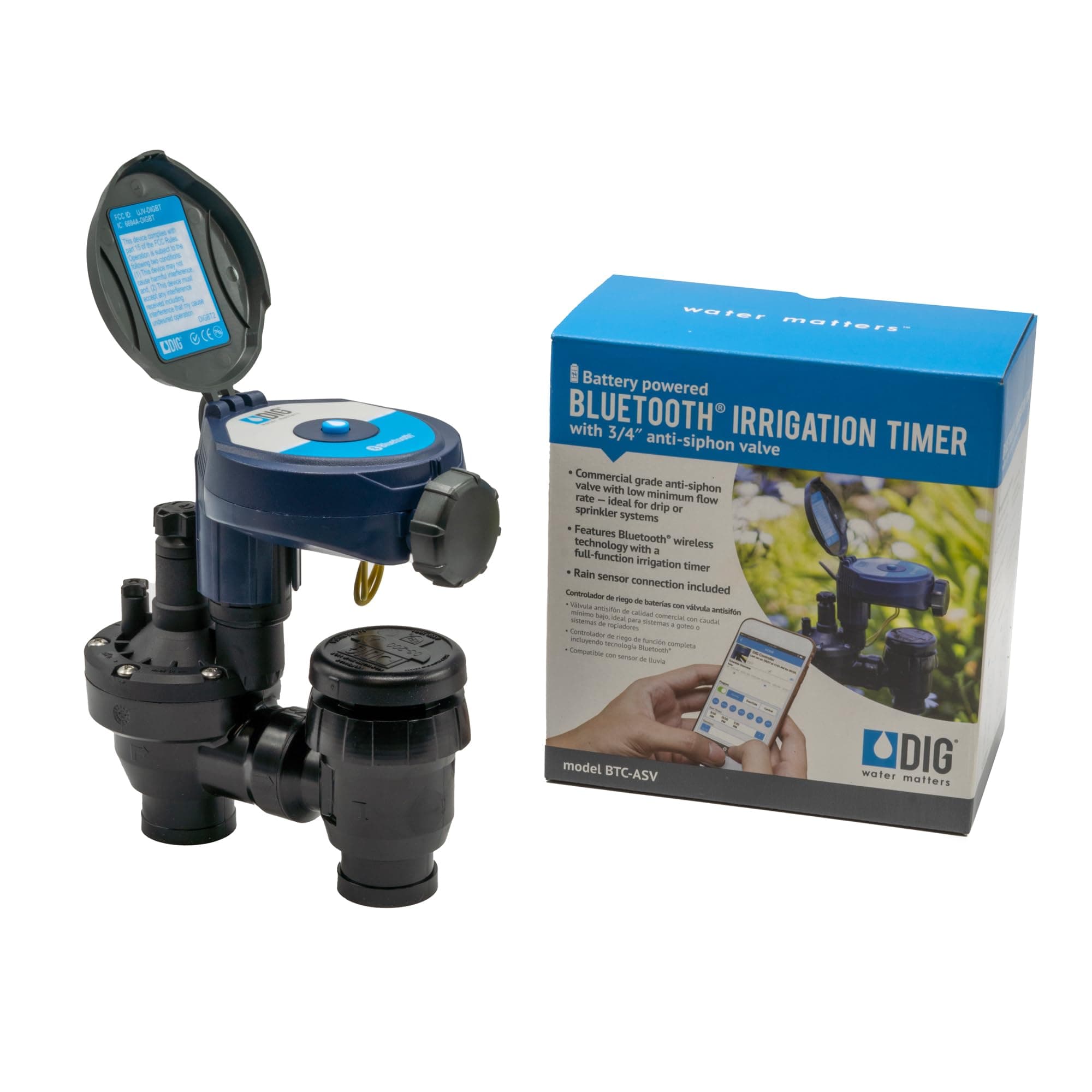 DIG BTC-ASV Bluetooth Battery Powered Weatherproof Wireless Irrigation Controller w/ Anti Siphon Valve - Smart, Easy-to-Use, Compatible with Residential Drip and Sprinkler Irrigation Systems
