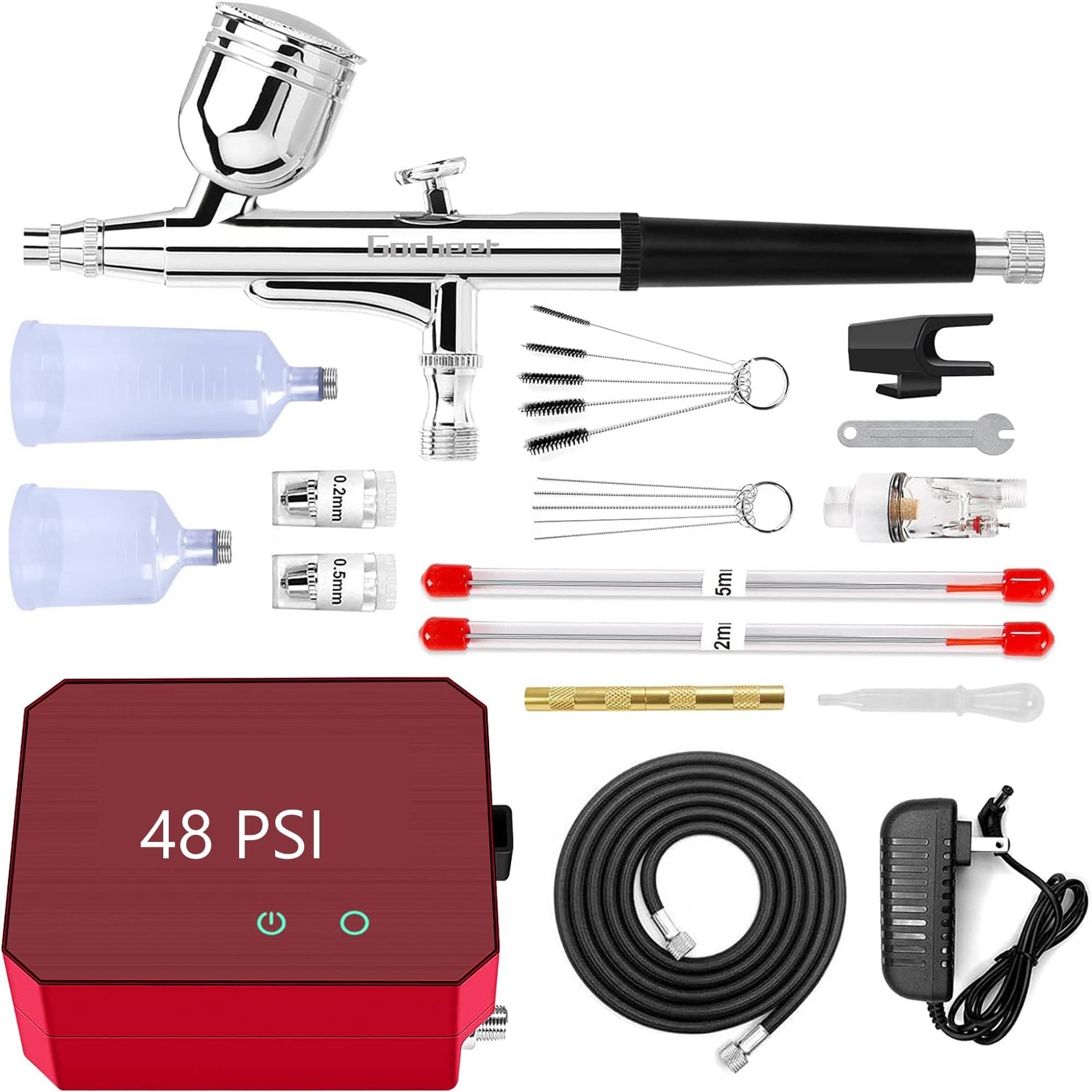 Airbrush Kit with Air Compressor, 40 48 PSI High Pressure Air Brush Non-Clogging with 0.2/0.3/0.5mm Nozzle/Cleaning Sets, Ideal for Painting, Modeling, Cake Decor, Makeup (Red, 48 PSI)