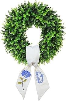 Boxwood Wreaths for Front Door Spring Summer Wreaths Farmhouse Door Hanger,Last Name Year Round Porch Decor, 20 inch Wreath with Personalized Monagram sash Embroidered -20 inch (D)