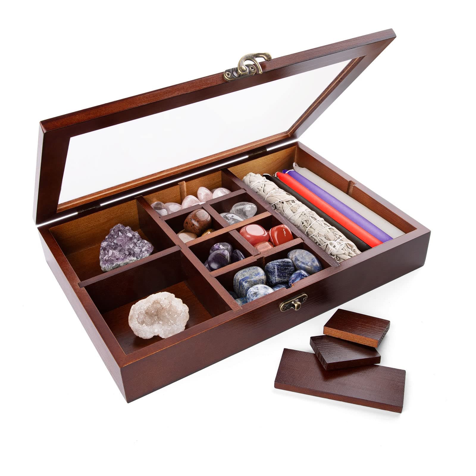MooncraftlogyMooncraftlogy Adjustable Rock Display Case, Rock Collection Box with Shelves, Pine Wood Crystal Organizer for Stones and Gem Storage, Crystal Holder with Lid for Seashell, Jewelry, Collectibles
