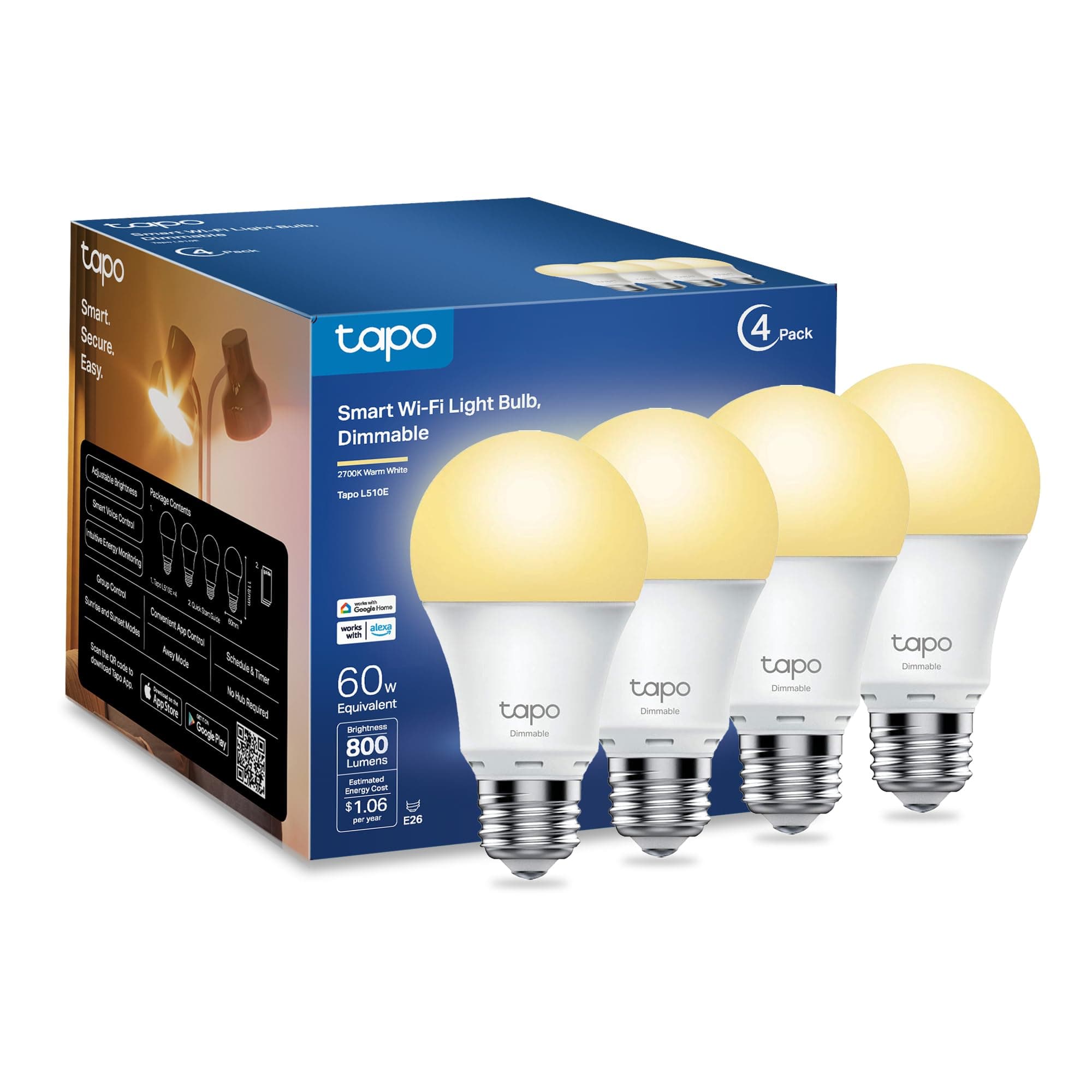 TP-Link Smart Light Bulbs, 800 Lumens (60W Equivalent), 2700K Soft Warm White LED Bulb, Dimmable, Compatible with Alexa and Google Home, No Hub Required, A19 E26, L510E (4-Pack)