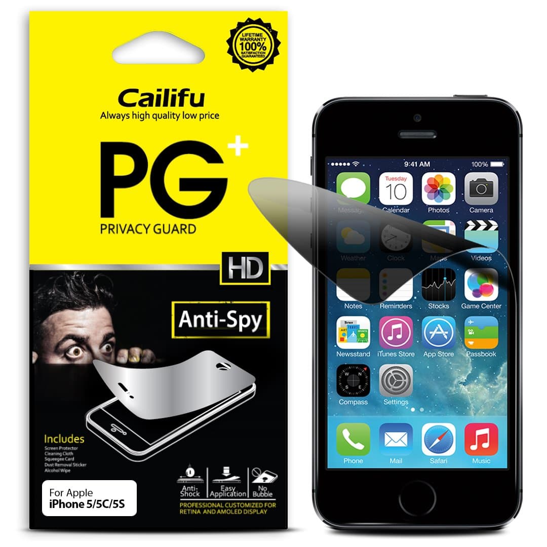 Cailifu [ Privacy ] for Apple iPhone 5 / iPhone 5S / iPhone 5C Highest Quality Premium 2 Way 180°Privacy Anti-Spy and Anti-Glare and Anti-Fingerprint Screen protector with Lifetime Replacement Warranty [1-Pack] - Retail Packaging 2014