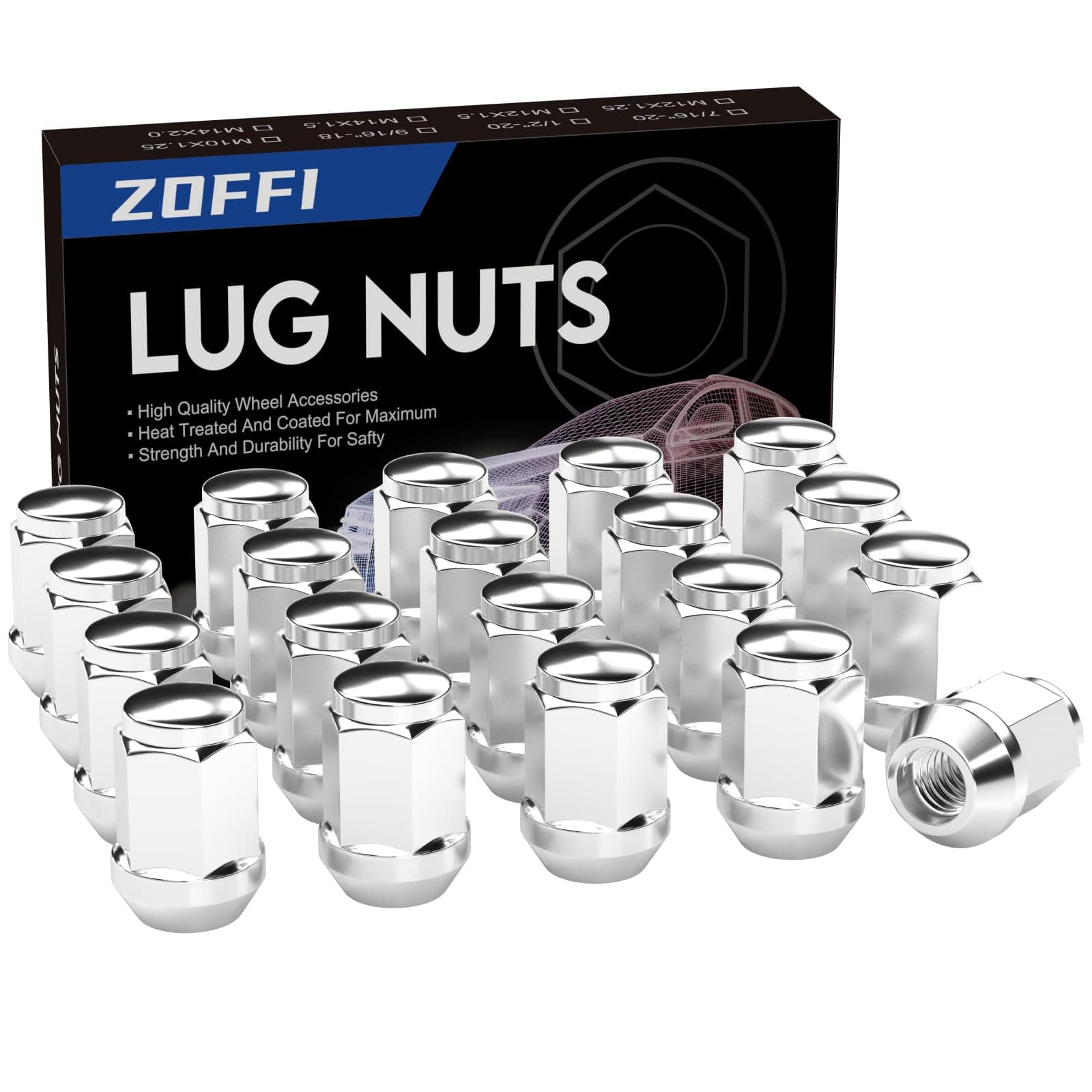 ZOFFI M12x1.5 Lug Nuts - Replacement for Ford Fusion (2006-2019), Focus (2000-2019), Escape (2001-2019) - 20pcs Chrome Closed End Conical Seat 19mm Hex Lug Nuts for Aftermarket Wheels