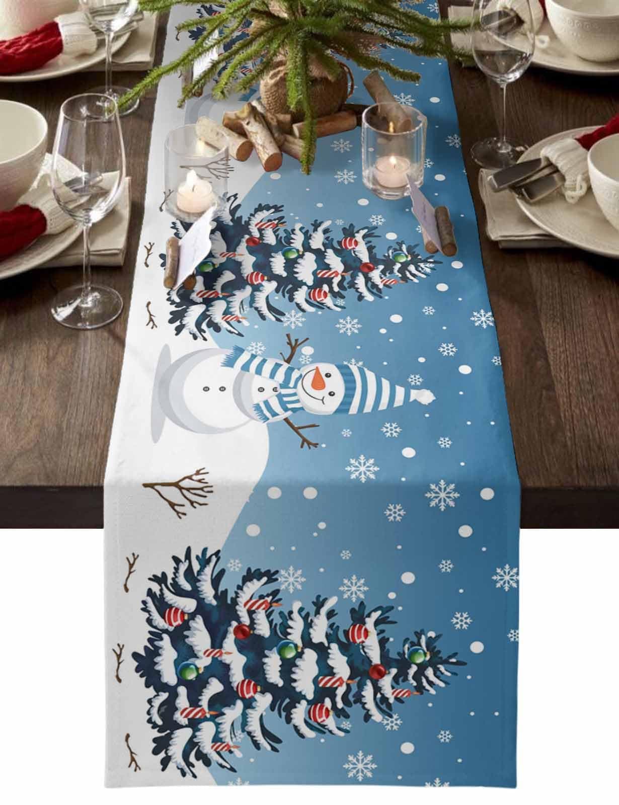Ldtrchee Christmas Table Runner - Cotton Linen 120 Inches, Snowman Rustic Blue Snowflake Bed Runner Dress Scarves, Farm Xmas Tablerunner for Dining/Holiday/Coffee Table 13" x 120"