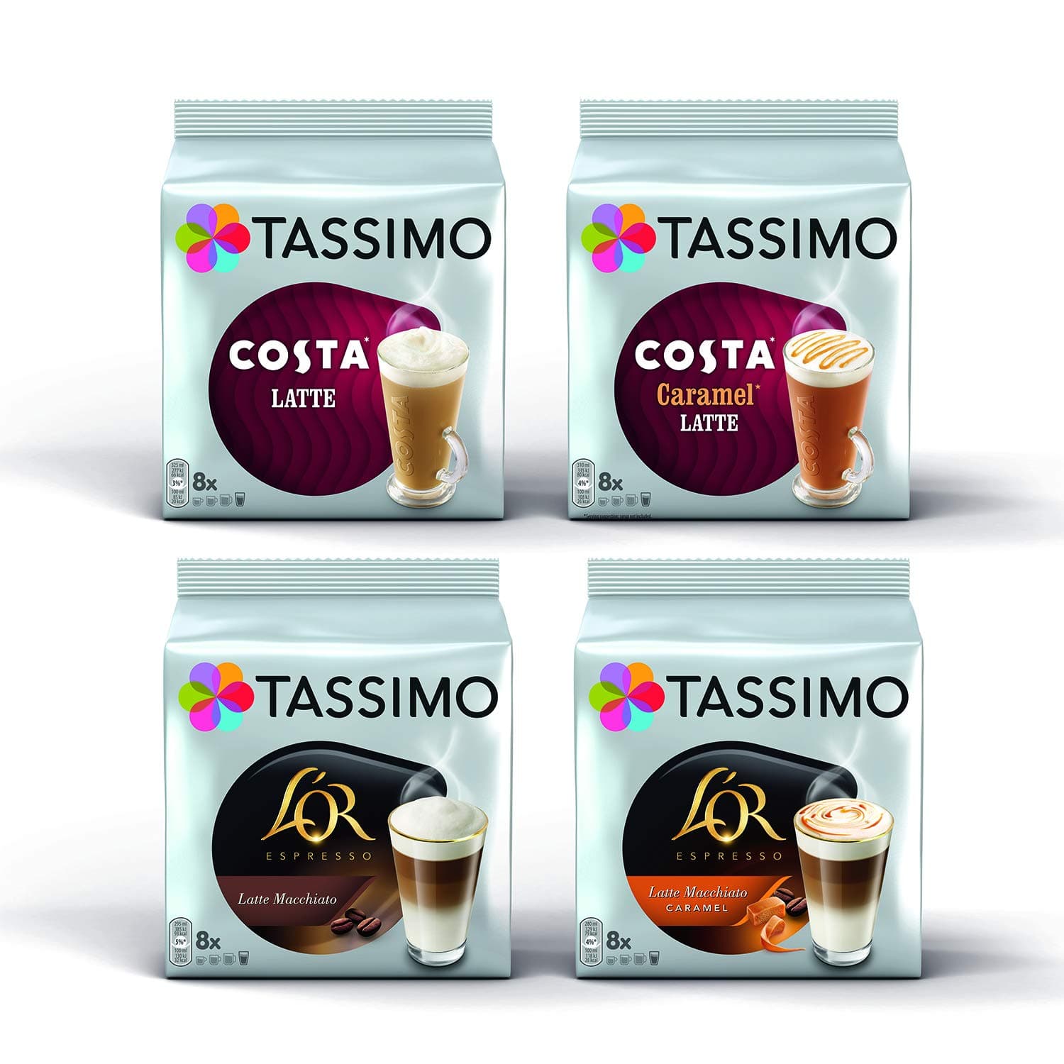 Latte Bundle - Costa Latte/Costa Caramel Latte/L'Or Latte Macchiato/Latte Macchiato Caramel Coffee Pods - 4 Packs (32 Servings)