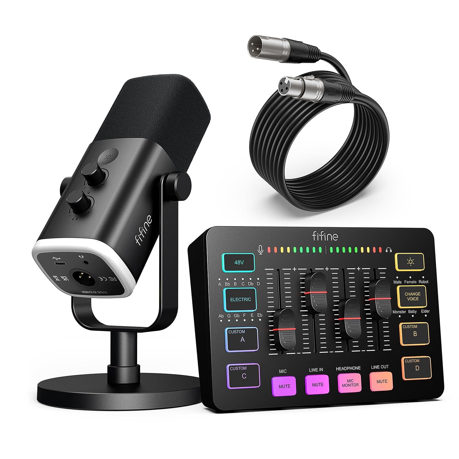 FIFINE Gaming Equipment Set, XLR/USB Dynamic Gaming Microphone Set with Streaming Audio Mixer for Podcast Recording, Voice Video, RGB Game with Fade