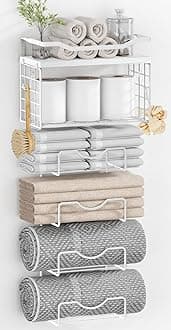 Towel Racks for Bathroom,Towel Rack Wall Mounted, 6 Tier Rolled Or Folded Towel Holder with Floating Shelves, Bathroom Towel Holder for Bath, Hand Towels,Metal,Full White