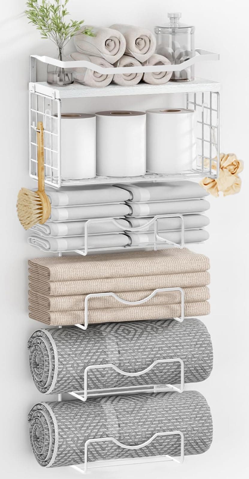 Towel Racks for Bathroom,Towel Rack Wall Mounted, 6 Tier Rolled Or Folded Towel Holder with Floating Shelves, Bathroom Towel Holder for Bath, Hand Towels,Metal,Full White