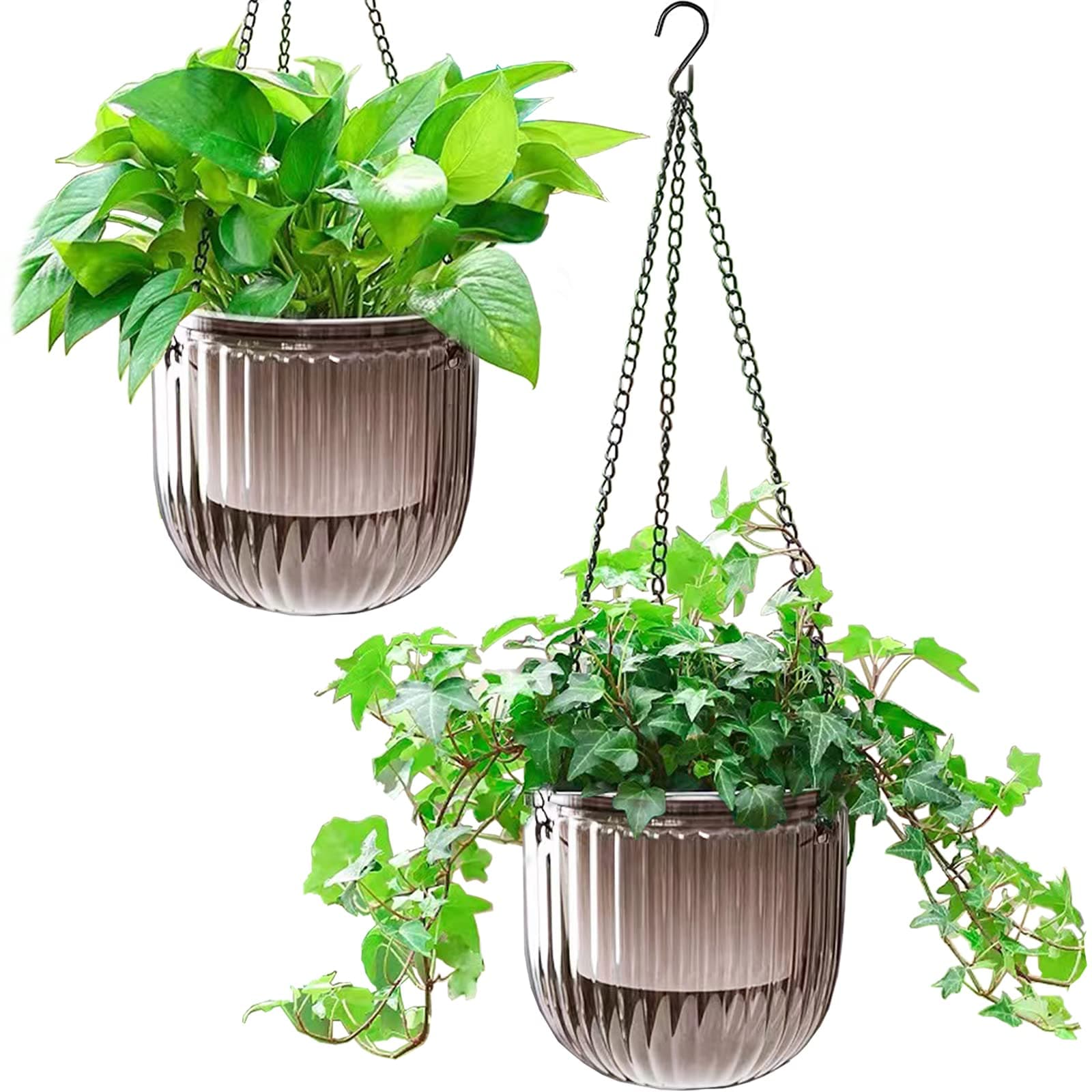 2 Pack Self Watering Hanging Planters Indoor Flower Pots, 6.5 Inch Outdoor Hanging Plant Pot Basket, Plant Hanger with 3Hooks Drainage Holes for Garden Home (Gray)