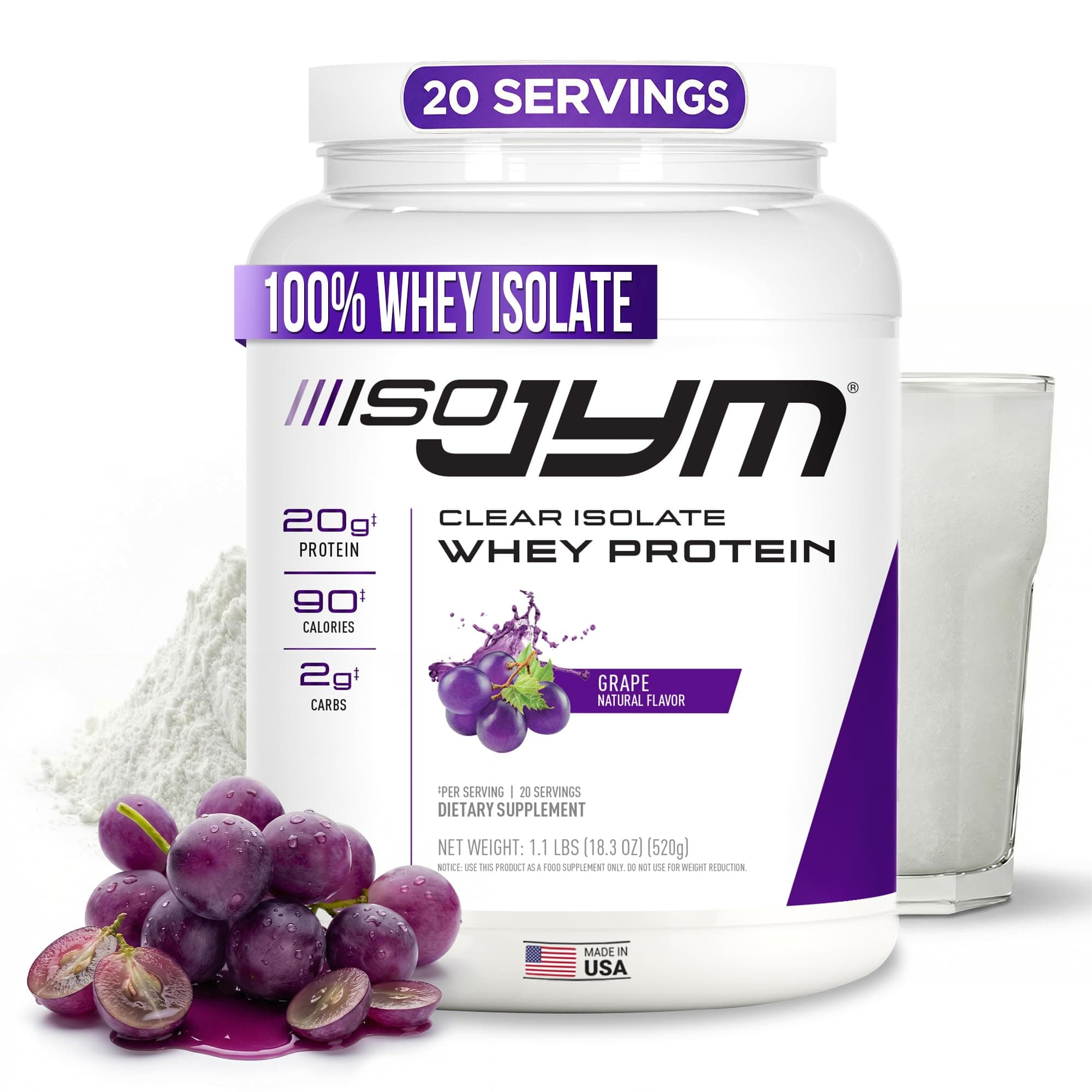 Iso JYM Grape, 90 Calories, 100% Whey Protein Isolate, Zero Fat, Zero Sugars, Mixes Clear, for Women & Men, 20 Servings