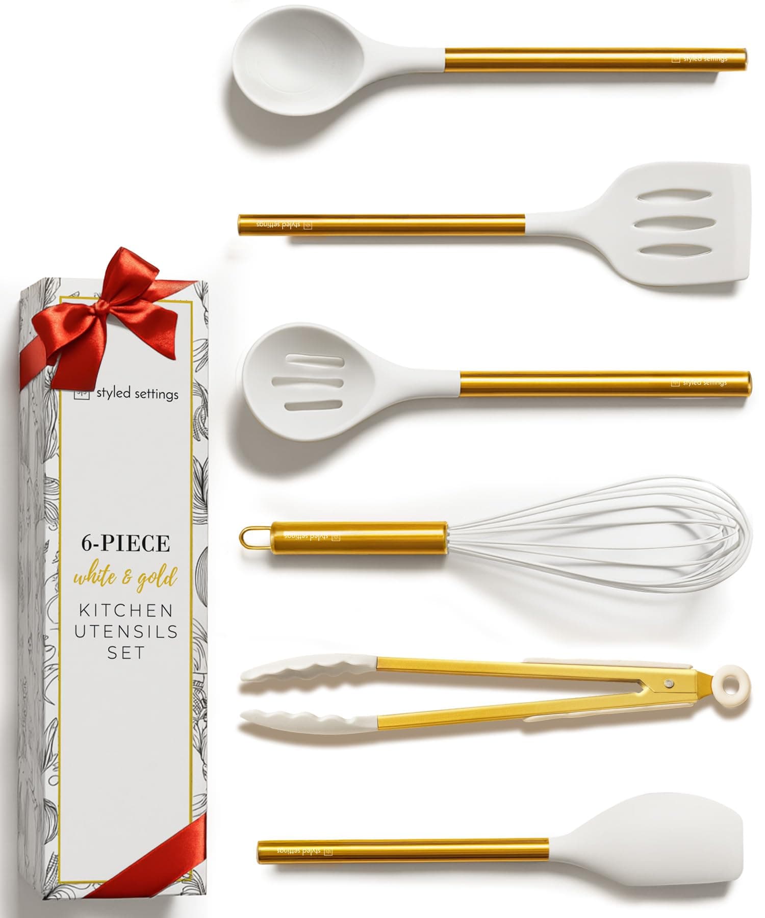 STYLED SETTINGS White Silicone and Gold Cooking Utensils for Modern Cooking and Serving, Stainless Steel Gold Serving Utensils - Spatulas for Non Stick Cookware