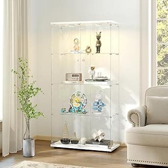 - Tempered Glass Display Cabinet with Lights, 4-Tier Curio Cabinet with Glass Doors and Lock, Glass Display Case for Collectibles, for Living Room, Bedroom, Office, Double Door, White