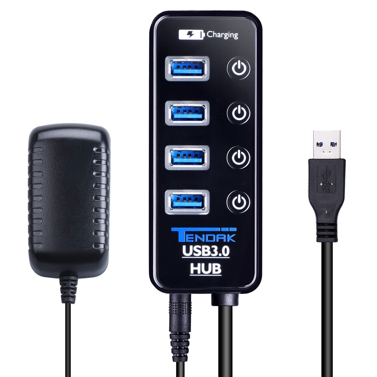 Tendak USB 3.0 Hub - 4 Port USB Hub with 4 USB 3.0 Data Ports + 1 USB Smart Charging Port and Power Adapter, Individual On/Off Switches for Mac Laptop HDD Disk PS4 Xbox One