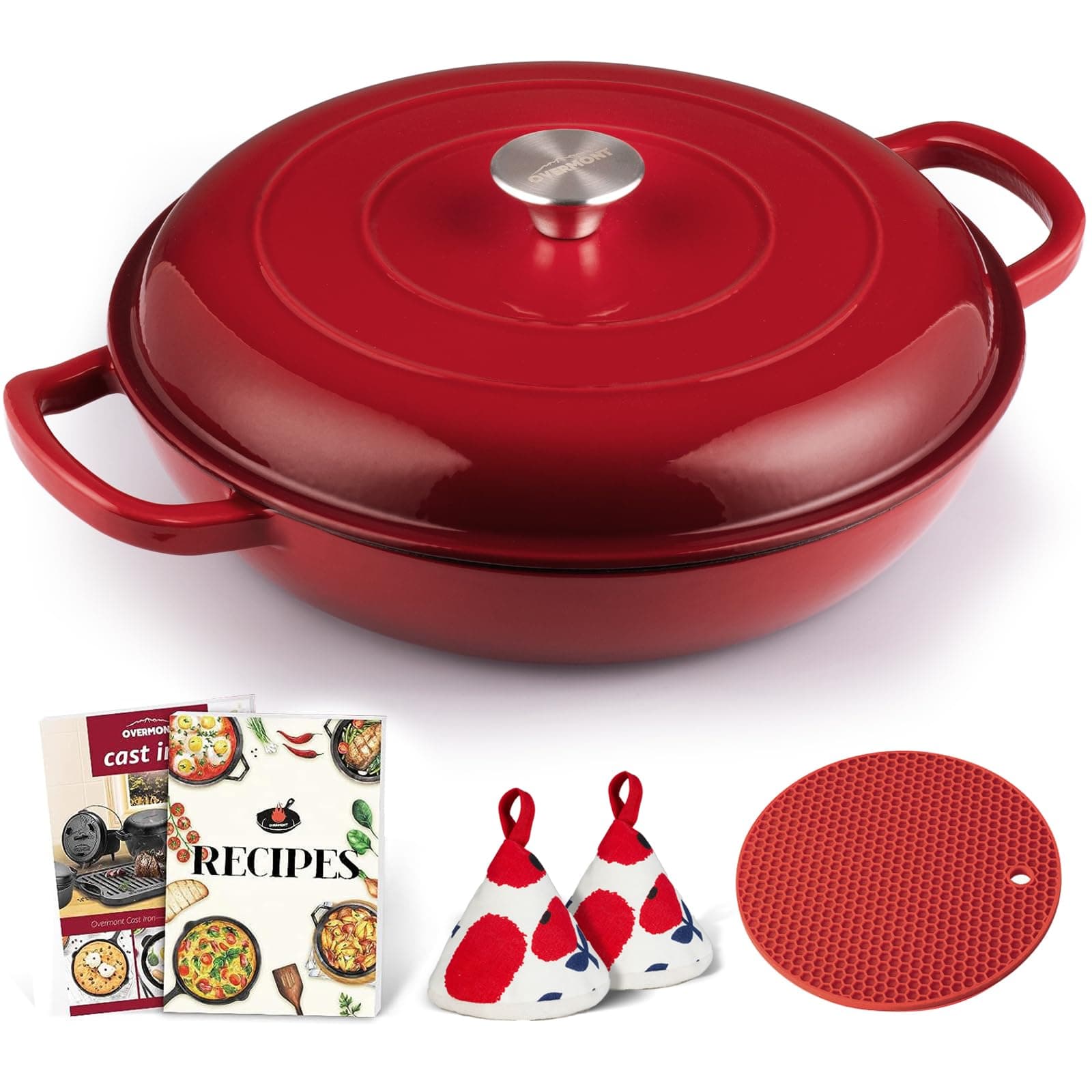 Overmont Enameled Cast Iron Dutch Oven - 3.8 Quart Dutch Oven Pot with Lid - Shallow Cookware Braising Pan - Cast Iron Casserole with Cookbook & Heat-Resistant Caps - Oven Safe up to 500° F Red