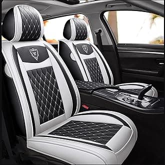 Car Seat Covers Full Set, Super Luxurious Heavy Duty Waterproof Leather Automotive Vehicle Cover for Cars SUV Pick-up Truck, Universal Non-Slip black white Seat Car Accessories (Full Set/White)