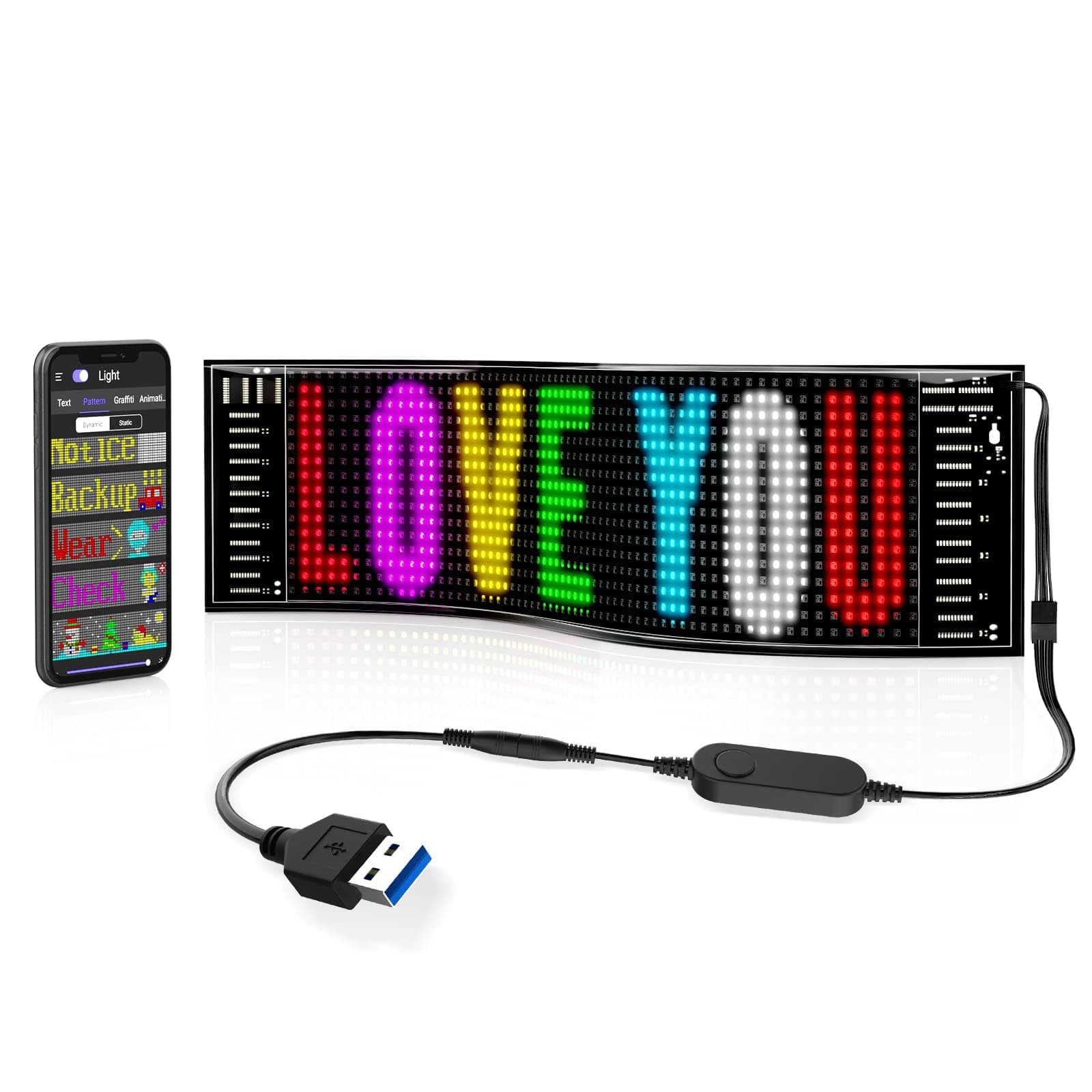 RAYHOME Scrolling Bright Advertising LED Signs, Flexible USB 5V LED Car Sign Bluetooth App Control Custom Text Pattern Animation Programmable Display for Store Car Bar Hotel (15''x4'')