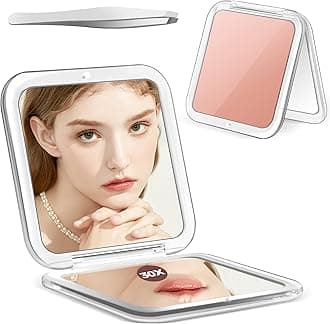 Compact Mirror, 30X Magnifying Mirror, Pocket Mirror for Purse, Travel Makeup Mirror with 30X/1X Magnification, Travel Essentials Mirrors, Precision Tweezers, Present for Girls