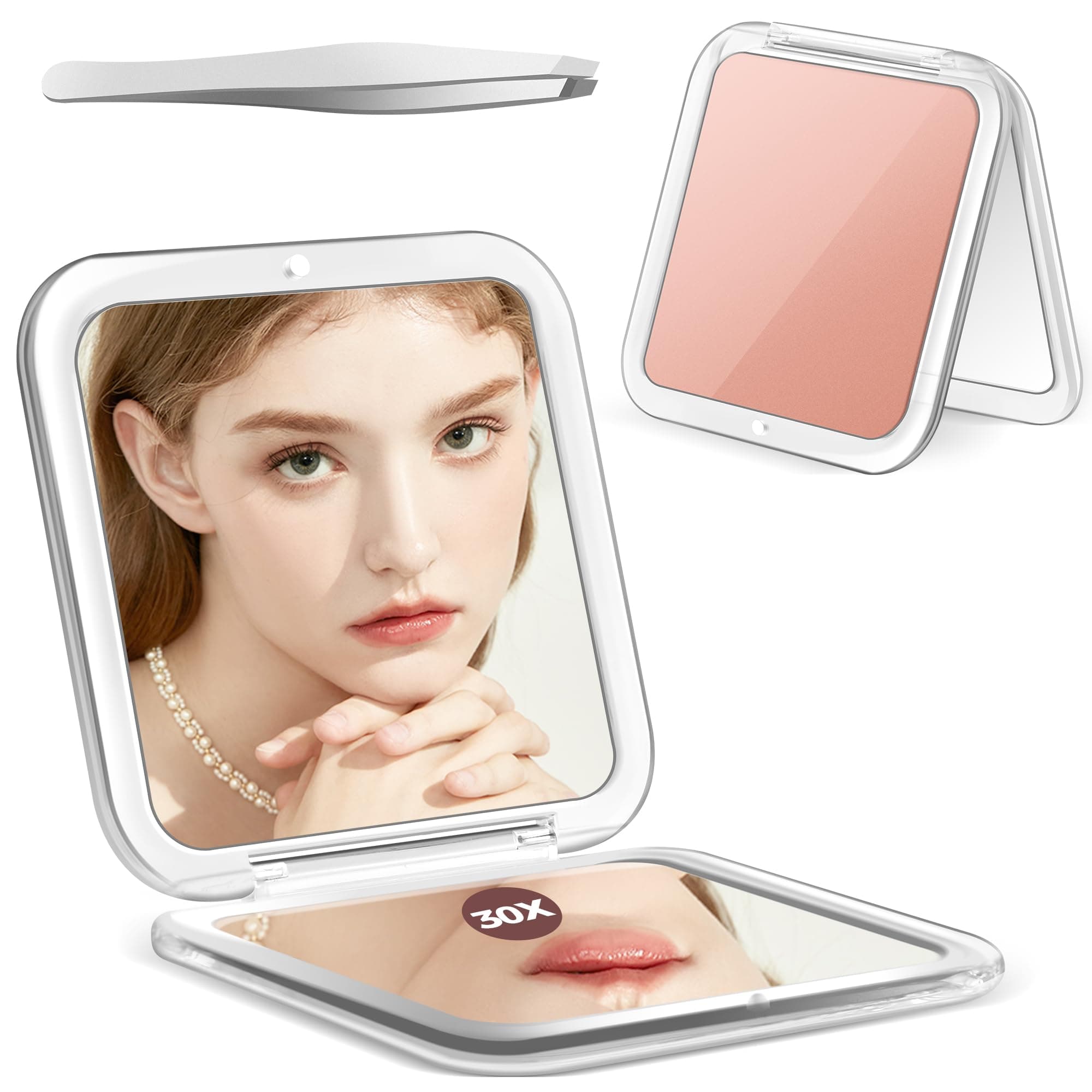 MIYADIVA Compact Mirror, 30X Magnifying Mirror, Pocket Mirror for Purse, Travel Makeup Mirror with 30X/1X Magnification, Travel Essentials Mirror, Precision Tweezers, for Women Rose
