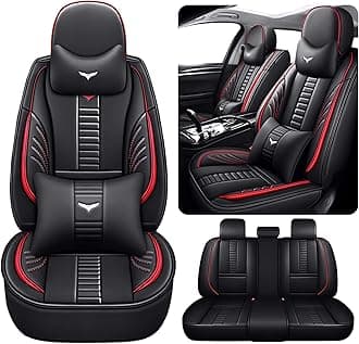 Full Set of Universal Fit Automotive Seat Covers fit for Toyota Corolla Cross 2025, PU Leather Automobile Interior Sets with Headrest & Back Pillow Black & Red Line