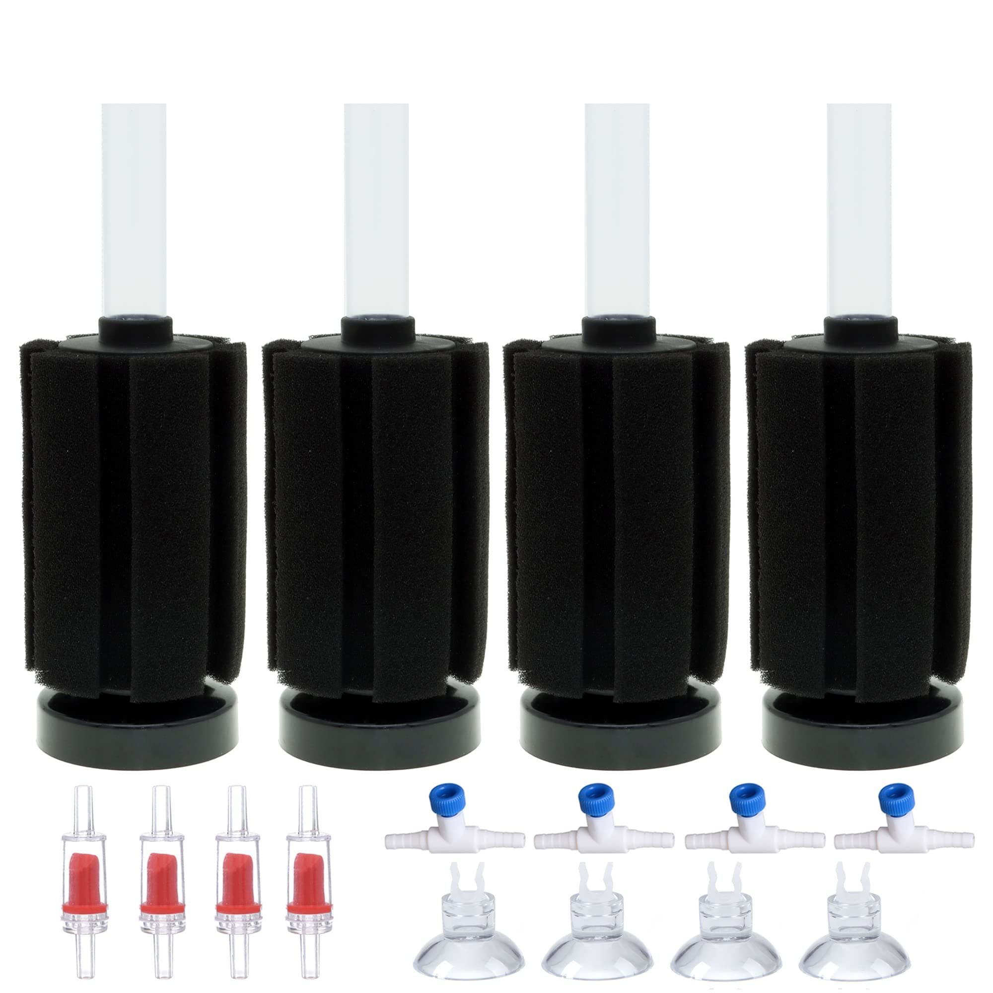 ALEGI 4pcs Small Aquarium Bio Sponge Filter with Suction Cups, Check Valves for 5 Gal, 10 Gal, 20 Gal Breeding Fry Betta Shrimp Fish Tank (Up to 20 Gallon 4 Pcs (Cylinder))