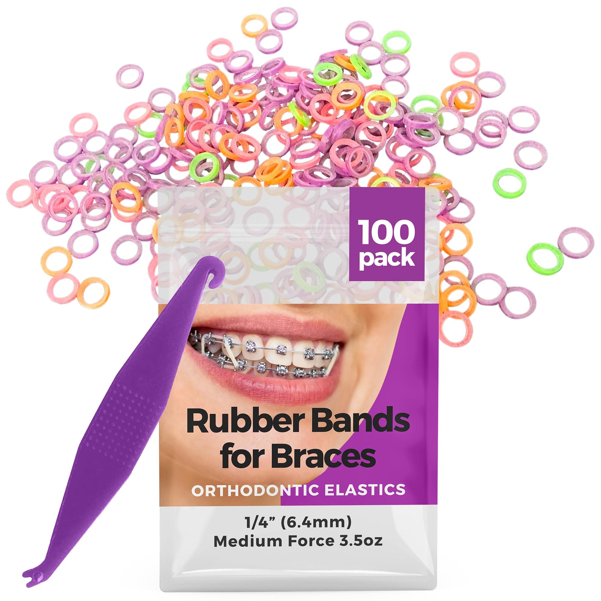 Orthodontic Rubber Bands for Braces - Premium Quality Elastic Teeth Rubber Bands for Braces, Fix Tooth Gaps, Dreadlocks, Includes Free Elastic Placer - Medium Force 3.5 oz, 1/4 Inch, Neon (100 Pack)