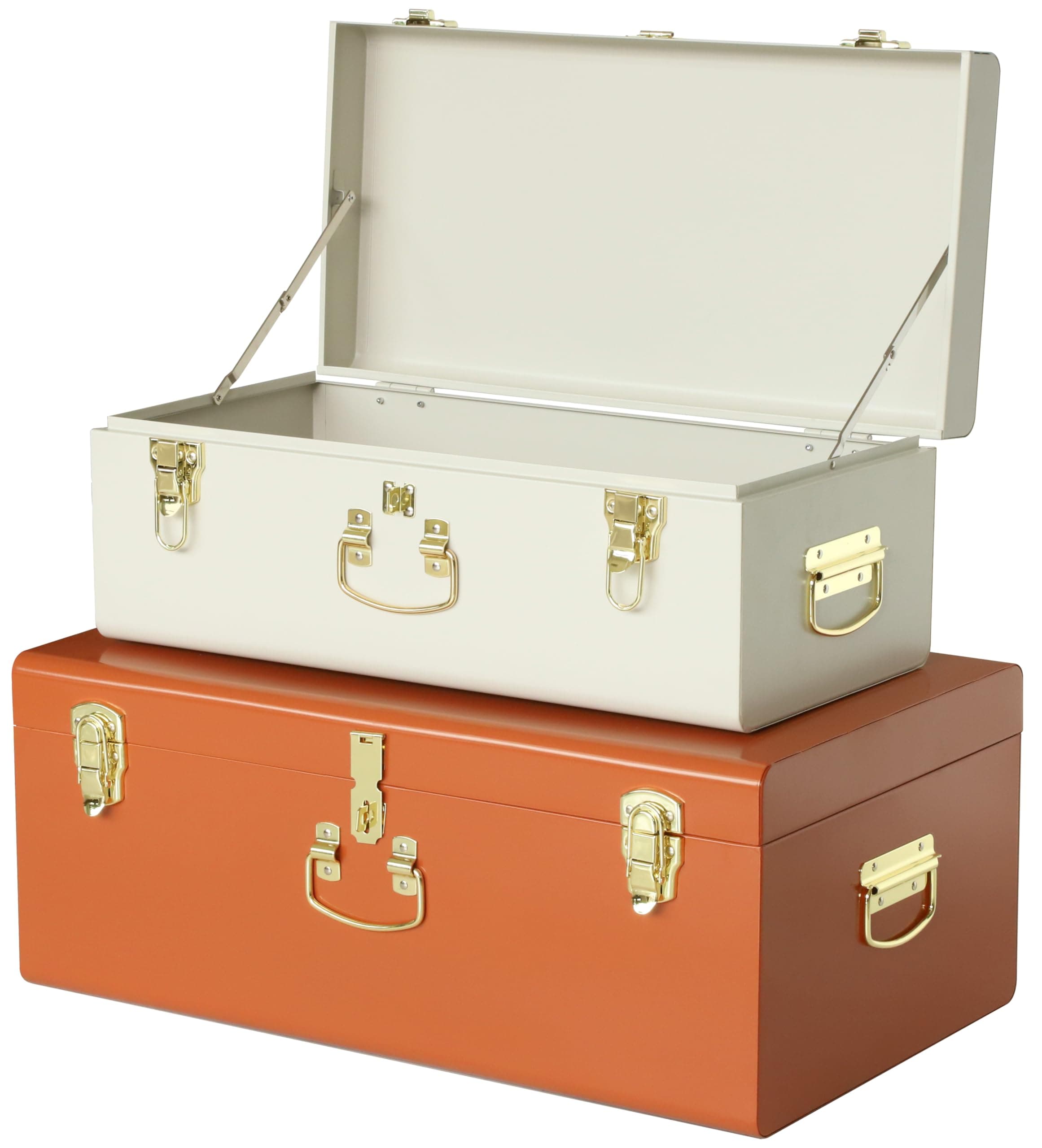 Vixdonos Decorative Large Metal Box Storage Trunk Chest Set of 2 College Dorm Organizer with Hardware Hasps and Handle for Home Deocr,23.7X14.2X9.5 Inches(Beige and Orange)