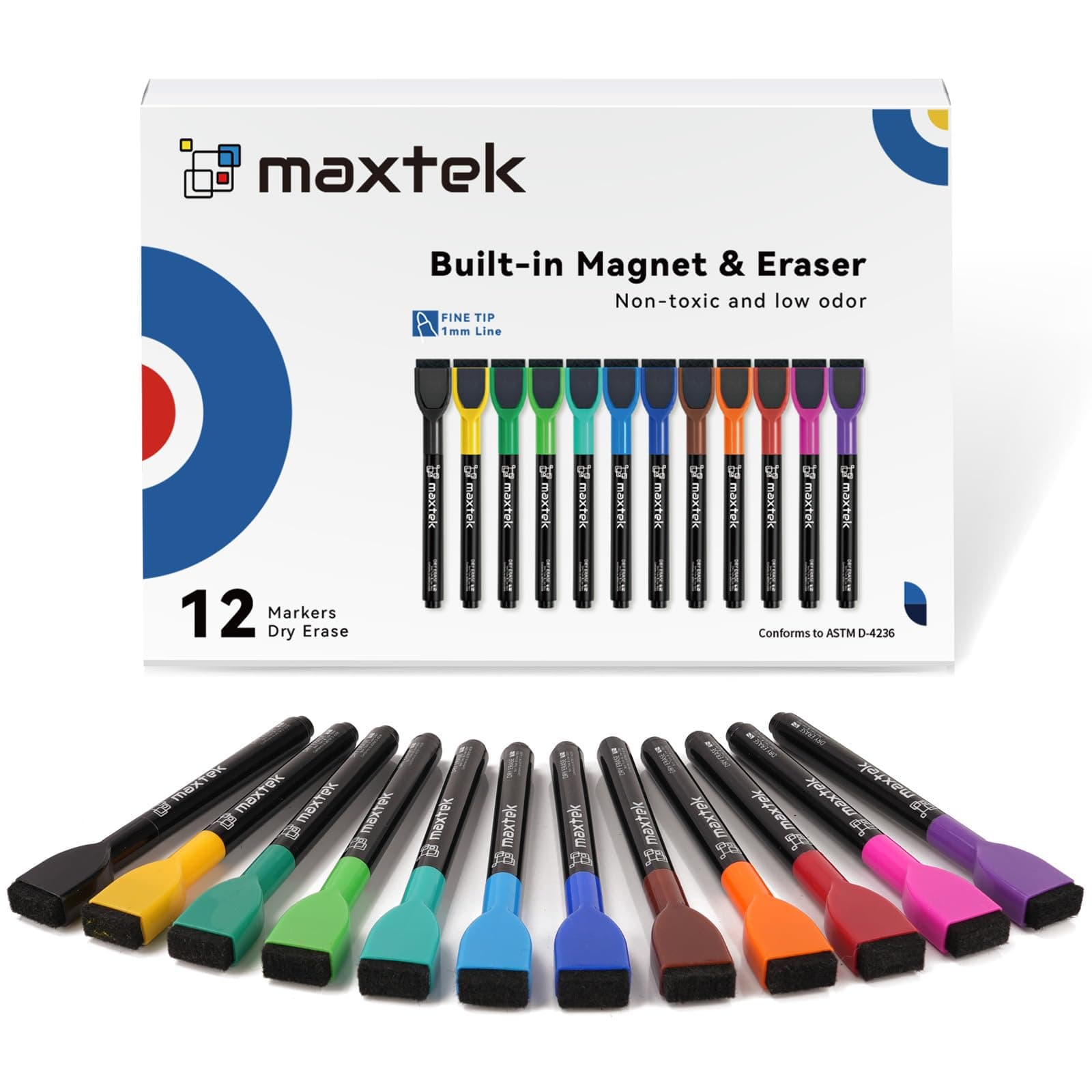 maxtek Magnetic Whiteboard Pens Markers, 12 Colours Fine Tip White Board Markers Erasable with Eraser for Kids, Low Odour Thin Dry Wipe Pens (Pack of 12)