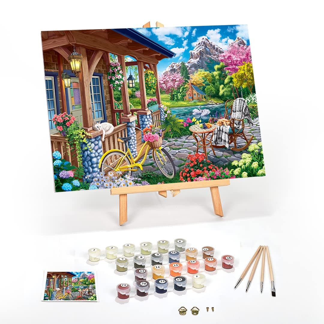 Ledgebay Paint by Number for Adults Framed Canvas: Beginner to Advanced Number Painting Kit - Kits Include Acrylic Paints, (4) Brushes & Tabletop Easel (Colorful House Near The Lake 16" x 20" Framed)