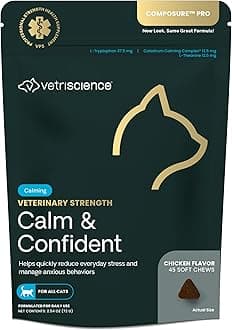 VetriScience Veterinary Strength Calm & Confident Chews - Stress Supplement for Cats - Supports Brain Function for Cats - with L-Theanine, Thiamine & More - 45 Count