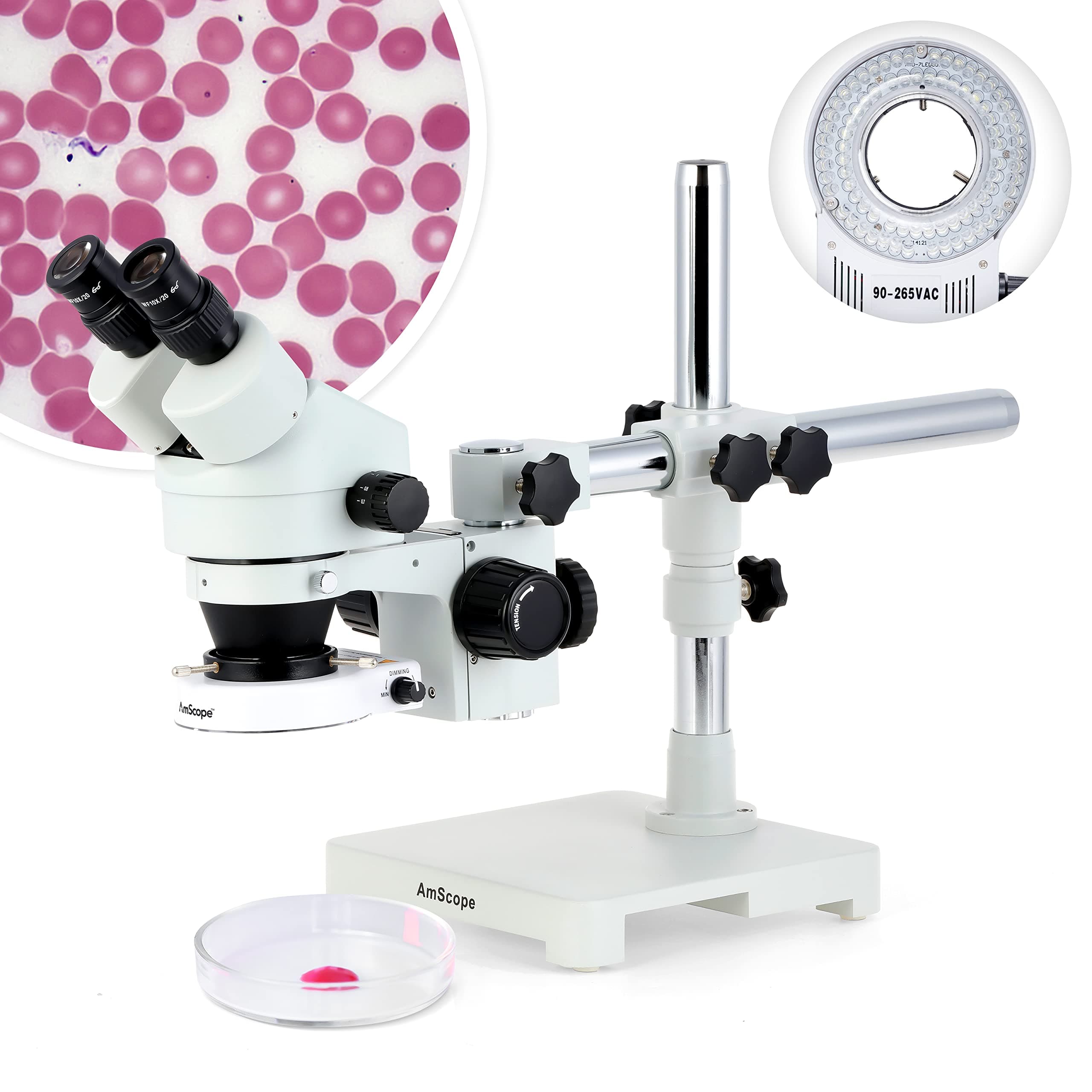 SM-3B Series Binocular Zoom Stereo Microscope - 3.5X-90X Magnification - Includes 80 LED Compact Ring Light & Single Arm Boom Stand