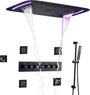 Thermostatic Matte Black Shower System Set 28X17 Inch Large Bathroom Atomizing Bubble Waterfall Rain Shower Head With LED Panel Faucet Message Sprayer Body Jets