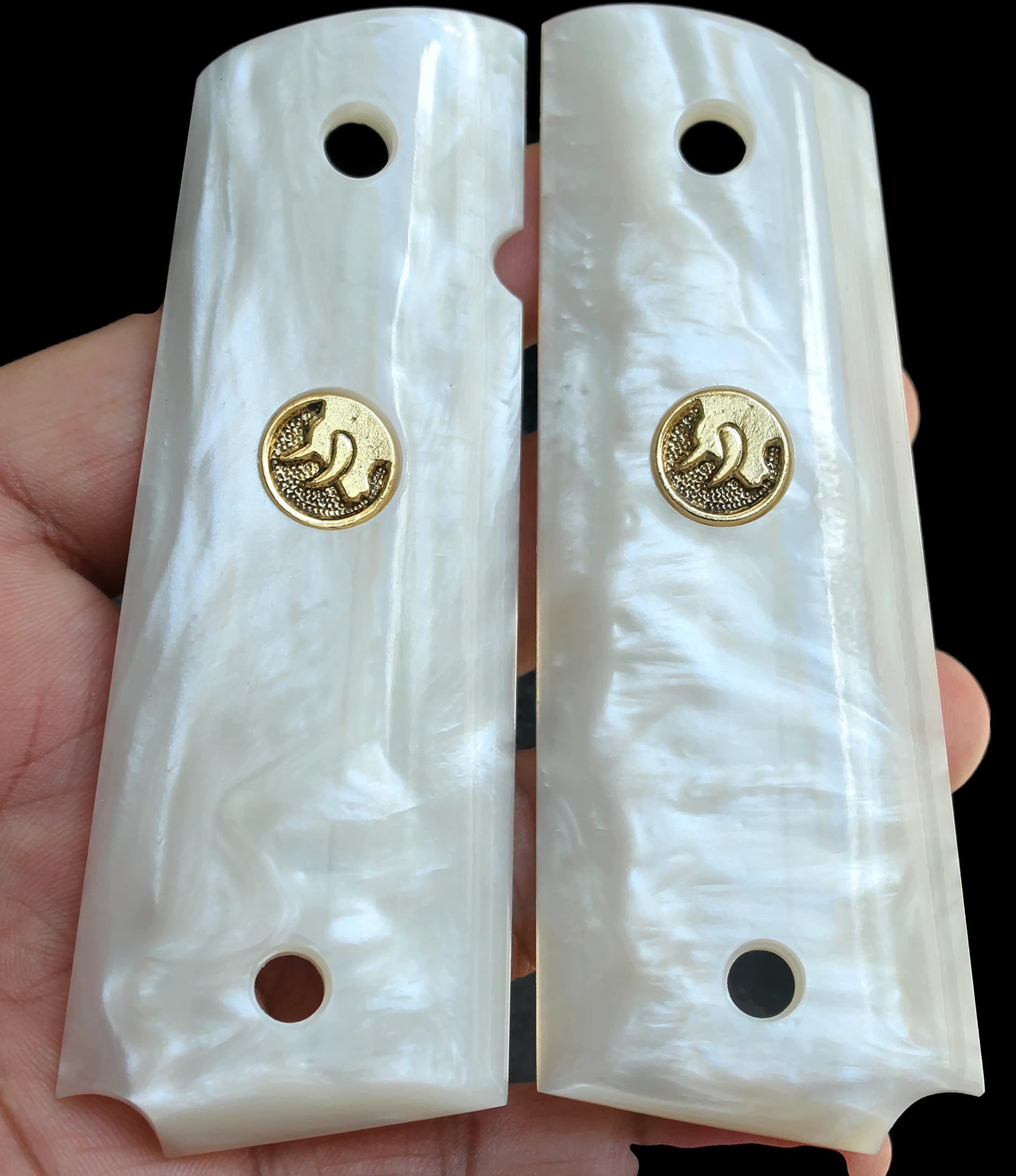 White Pearl Grips for Taurus PT 1911 Full Size Model Custom Bull Head Logo Medallions Imitation Pearl Nice Gift # Random in 6 Set