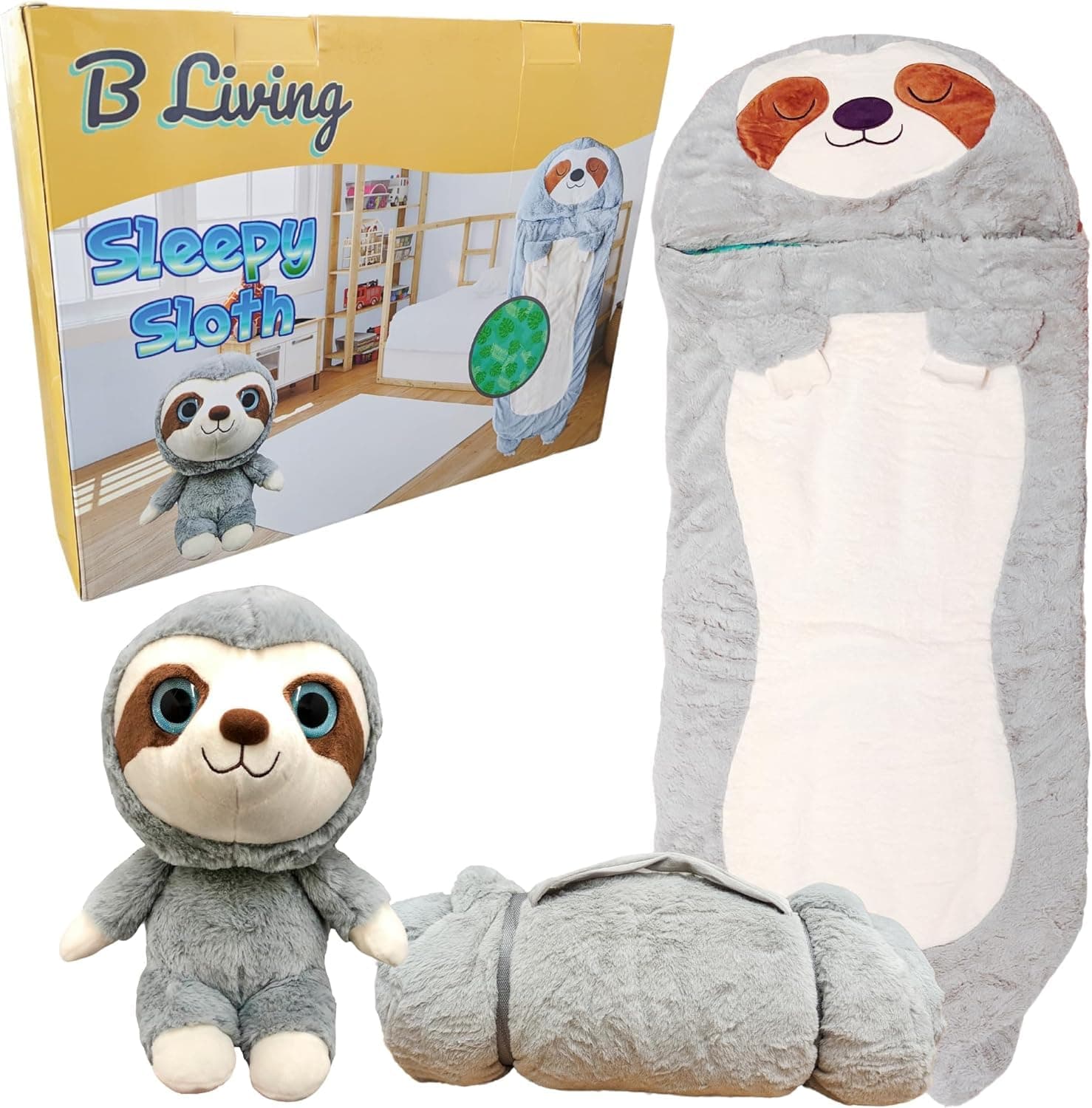 Kids Sleeping Bag With Pillow - Large Sleeping Bag For Children With Cute Plush Toy. Sloth Animal Sleeping Bags For Kids, Foldable Cosy Nappers For Sleepover, Happy Napping For Boys And For Girls.