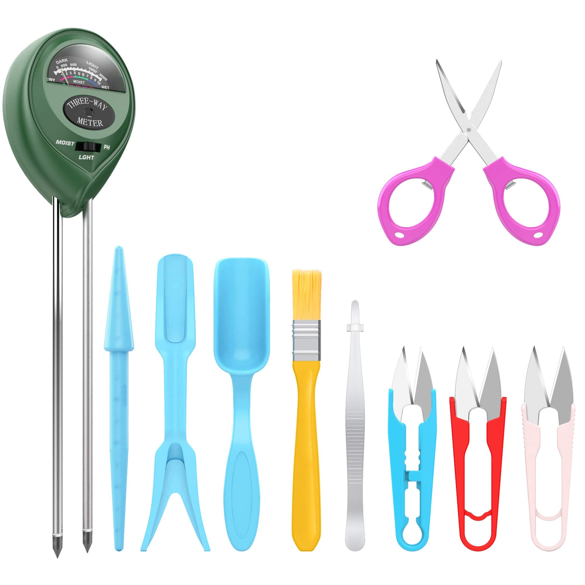 Soil Meter, 3-in-1 Moisture Sensor/Sunlight/pH with 9pcs Bonsai Tool Sets Include Pruner, Fold Scissors, Transplanting tool
