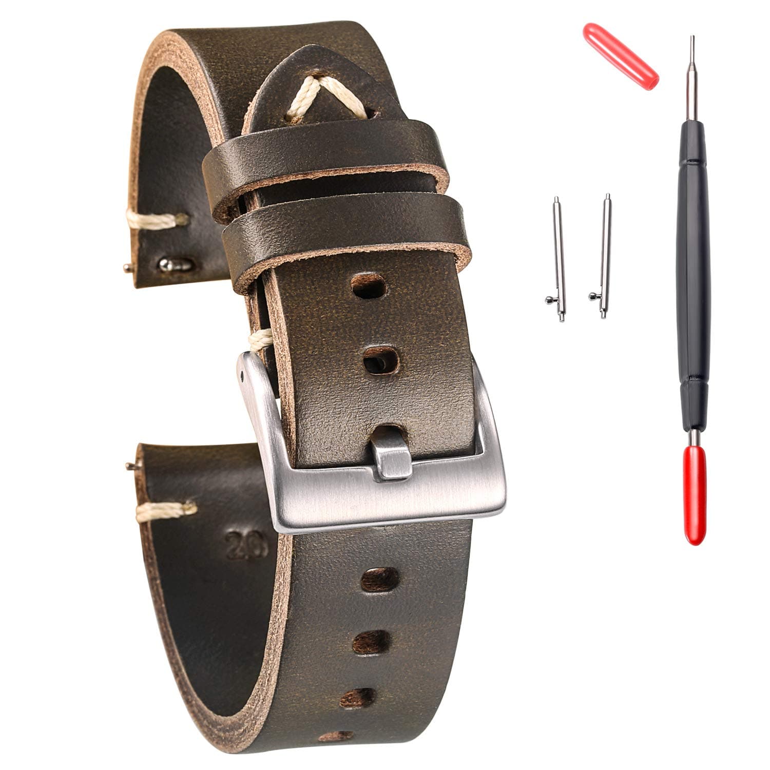 Leather Watch Bands, Horween Leather Watch Strap for Men 18 19 20 21 22 24mm Quick Release Handmade Vintage Replacement Wrap