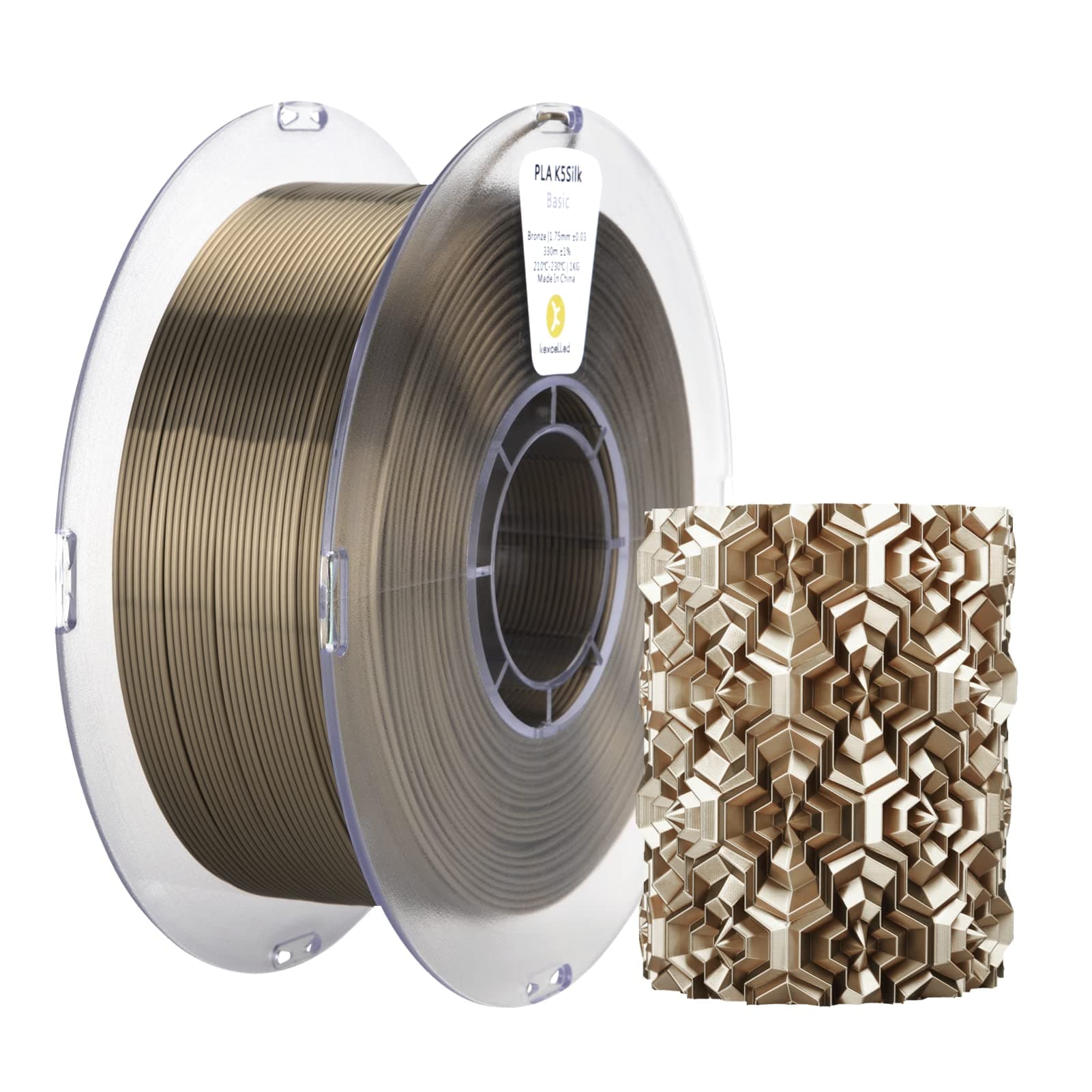 kexcelledPLA Silk Filament 1.75 mm, Shiny Gloss 3D Printer Filament, Dimensional Accuracy +/- 0.03 mm, 1 kg Spool (2.2 lbs), Silky Surface, Vacuum Packaging, Tidy Winding, Bronze