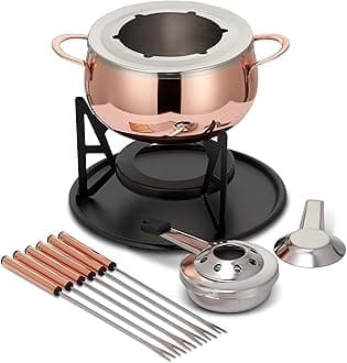 OS Oak & Steel ENGLAND - 10 Piece Rose Gold Copper Stainless Fondue Set with Gift Box - Chocolates, Burgundy, Cheese, Savoyarde Meat - Christmas Gift