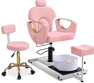 Pedicure Station No Plumbing, Hydraulic Pedicure Chair for Nail Tech, Height Adjustable Reclining Pedicure Station Unit, 360 Degree Swivel Foot Spa Chair with Massage Foot Bath (Pink-Golden)