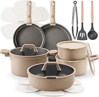 CAROTE 21pcs Pots and Pans Set Non Stick, Cookware Sets, Kitchen Set, Oven/Dishwasher, Space Saving Pots Set, Nonstick Set with Versatile Detachable Handle, Brown