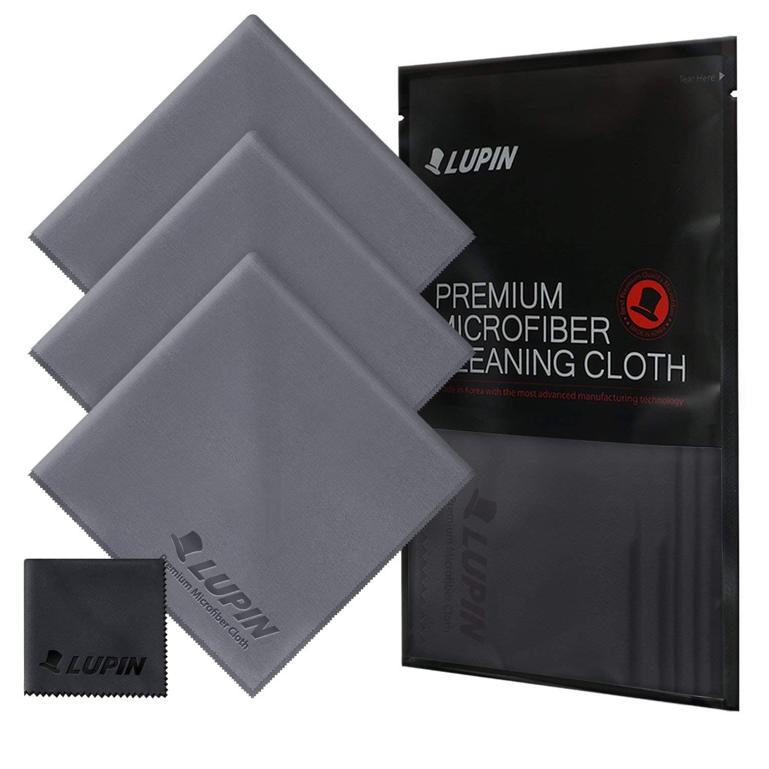 Ringke Lupin Microfiber Cleaning Cloths, Large 4 Pack Premium Ultra Lint Polishing Cloth for Cell Phone, Tablets, Laptops, iPad, Glasses, Auto Detail, TV Screens & Other Surfaces - Gray