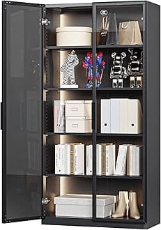 Display Cabinet with Glass Doors Glass Display Cabinet with Ligths Display Case Curo Cabinets with 4 Adjustable Shelves for Home, Office, Clinic, Pantry, Assemble Required,Black