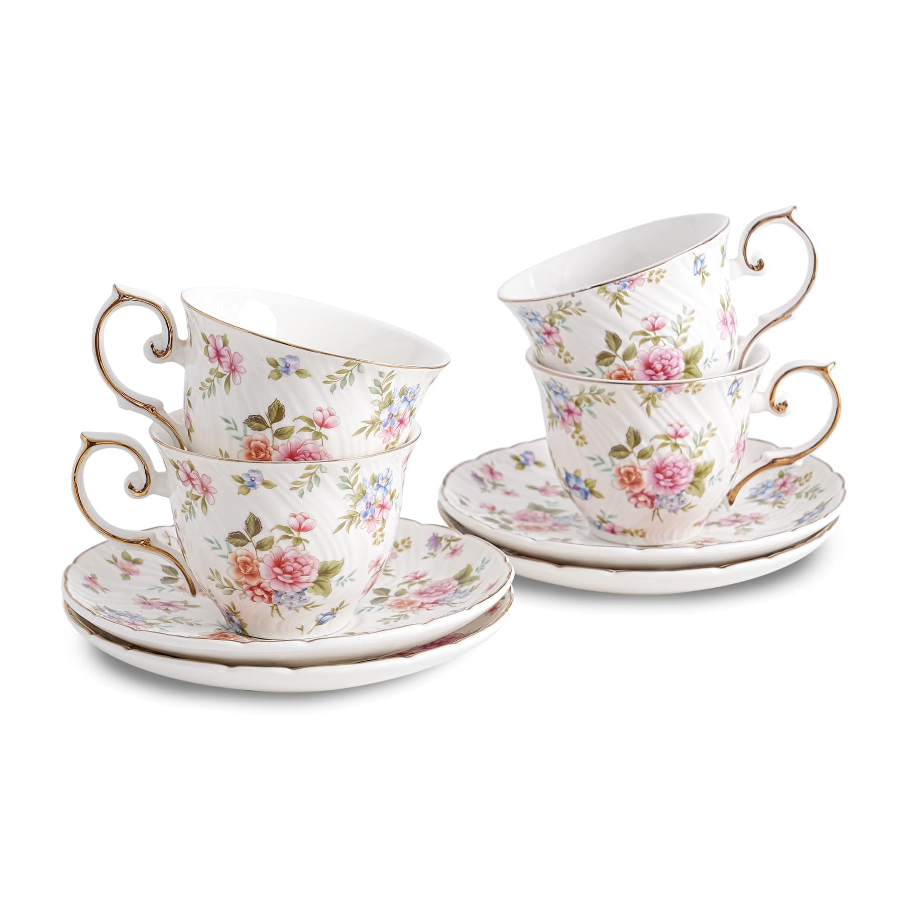 tea cups and saucers ceramic coffee mug 6oz for Coffee, Latte, Cafe Mocha and Tea-Set of 4, white with flowers