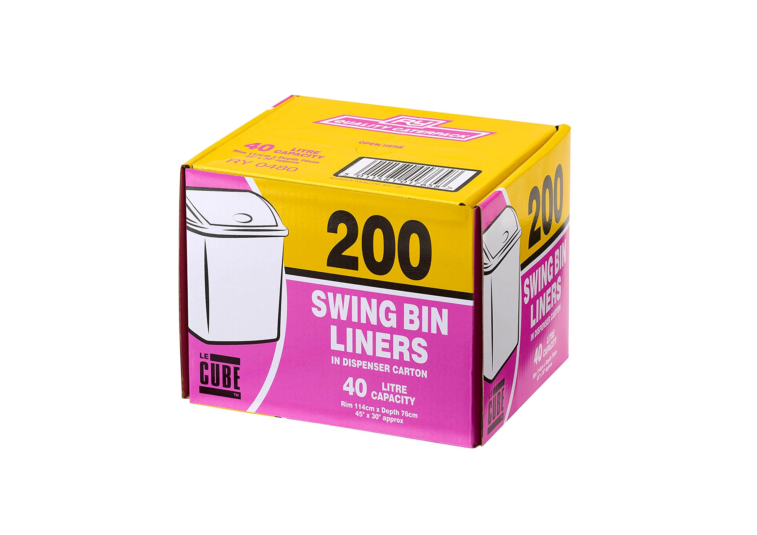 Le Cube Swing Bin Liners, Dispenser Box of 200 Unscented White Plastic Bin Bags, 40 Litre Capacity, Rim 114cm x Depth 76cm [Missing: brand]
