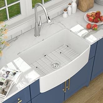 Lordear 30 White Farm Sink 30x19 inch Farmhouse Sink White Fireclay Ceramic Porcelain Curved Apron Front Single Bowl Farm Kitchen Sinks Basin