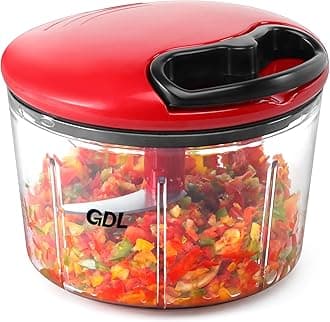 GDL Food Chopper, Pull Onion Chopper Dicer, Hand Powered Food Mincer, Fast Cutting Hand Chopper for Oinon, Garlic, Nut, 3.4 Cups 0.8L, Red